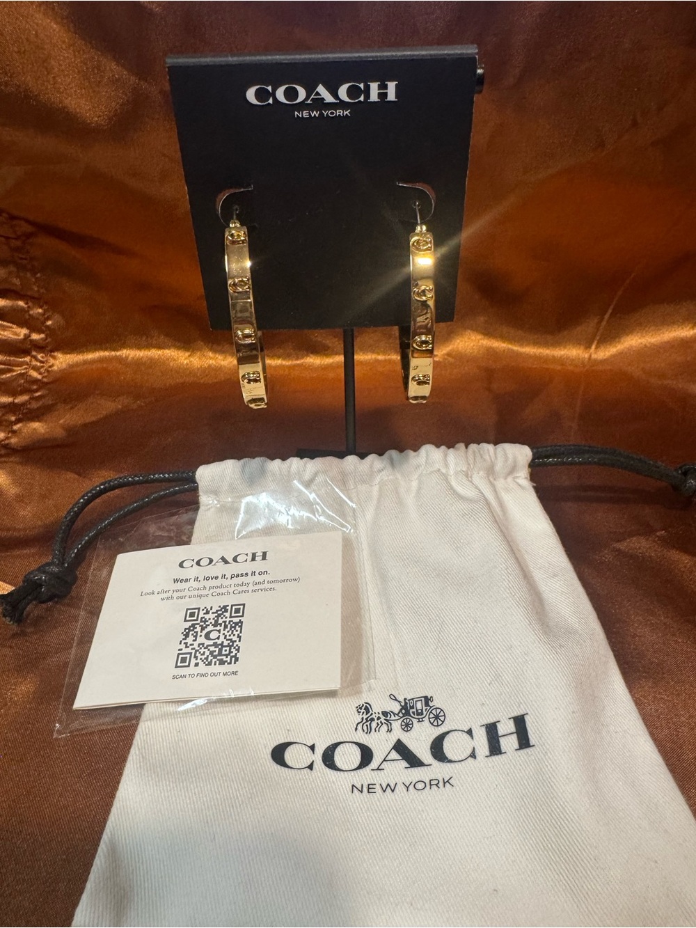 NWT COACH Gold Logo Hoop Earrings Comes with Dusty - Authentic - Picture 3 of 5